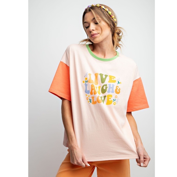 "The Dina" Coral Live Laugh Love Color Block Tee - Picture 1 of 3